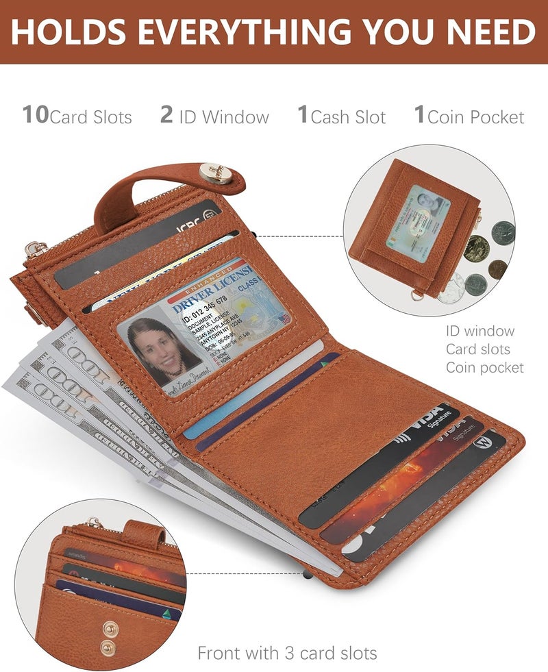 Sunpour Small Wristlet Wallets for Women Keychain Wristlet Wallet RFID Blocking Key Chain Wallet With Zipper Coin Pocket,2 Id Window (Brown) - Image 4